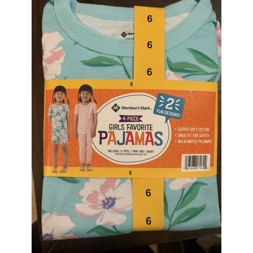 Member's Mark Girl snug fit Pajamas set 4 Pcs Size 6. 2 Fun Design.